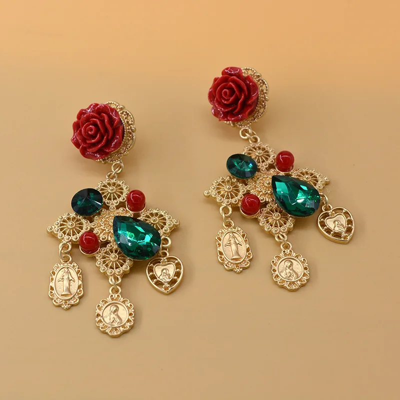 Vintage floral cross long earrings for women