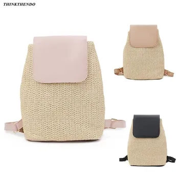 

Fashion Straw PU Women's Bag Backpack Back Pack Travel Bags Beach Bag School Backpacks For Teens girl THINKTHENDO