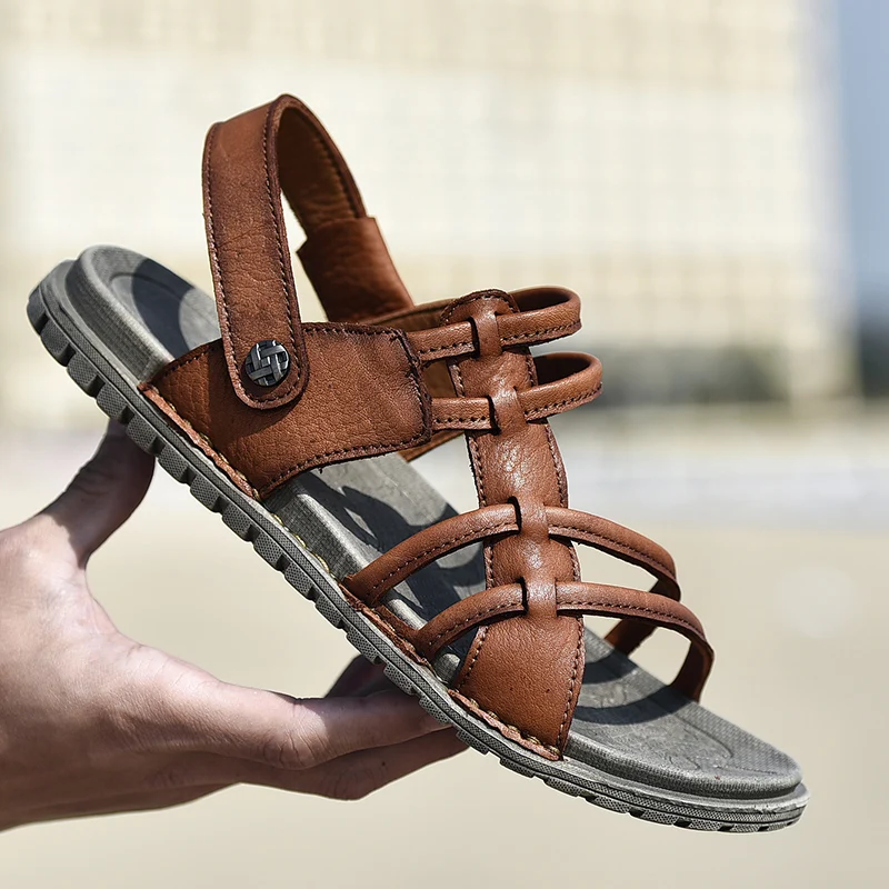 

Men Sandals Summer Genuine Leather Mens Shoes Lightweight Beach Slippers Outdoor Sandalias Flat Casual Chaussure Homme Brown