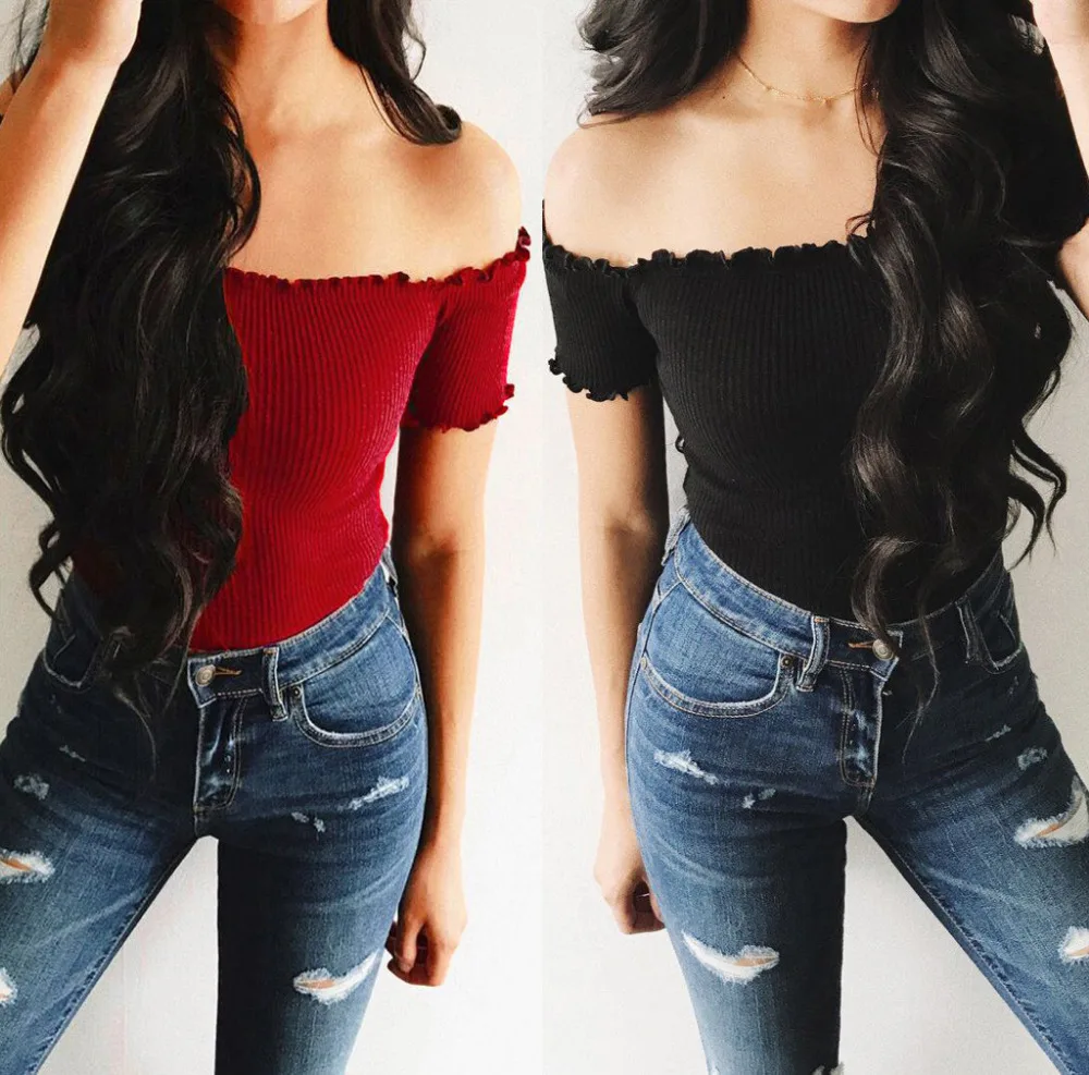 

Women's fashion one-shoulder shoulder solid color short top