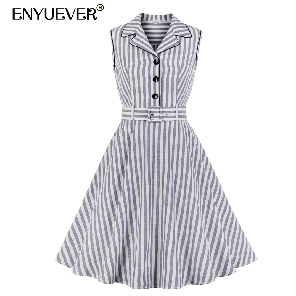 

Enyuever Robe Vintage Dresses 50s 60s Women Clothes Summer Striped Button Vestido Casual Office OL Rockabilly Dress Party Jurken