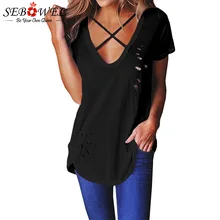 SEBOWEL Sexy Women Crisscross Neckline T-shirt Cotton Short Sleeve Tops Ladies Casual Summer V neck Blusas Top Femininas S-XXL v neckline fluted sleeve gingham top