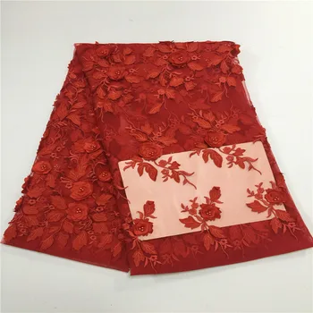 

Red color New 3d flower applique french net lace with beads luxury nigerian lace fabrics for wedding 2017 5yard/lot