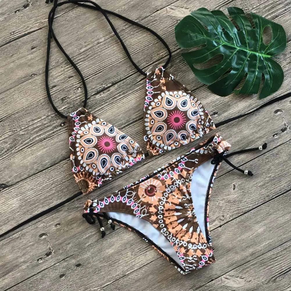 

Women Summer Print Swimsuit Top with Panties Print Sleeveless Backless Low Waist Tankinis WHShopping