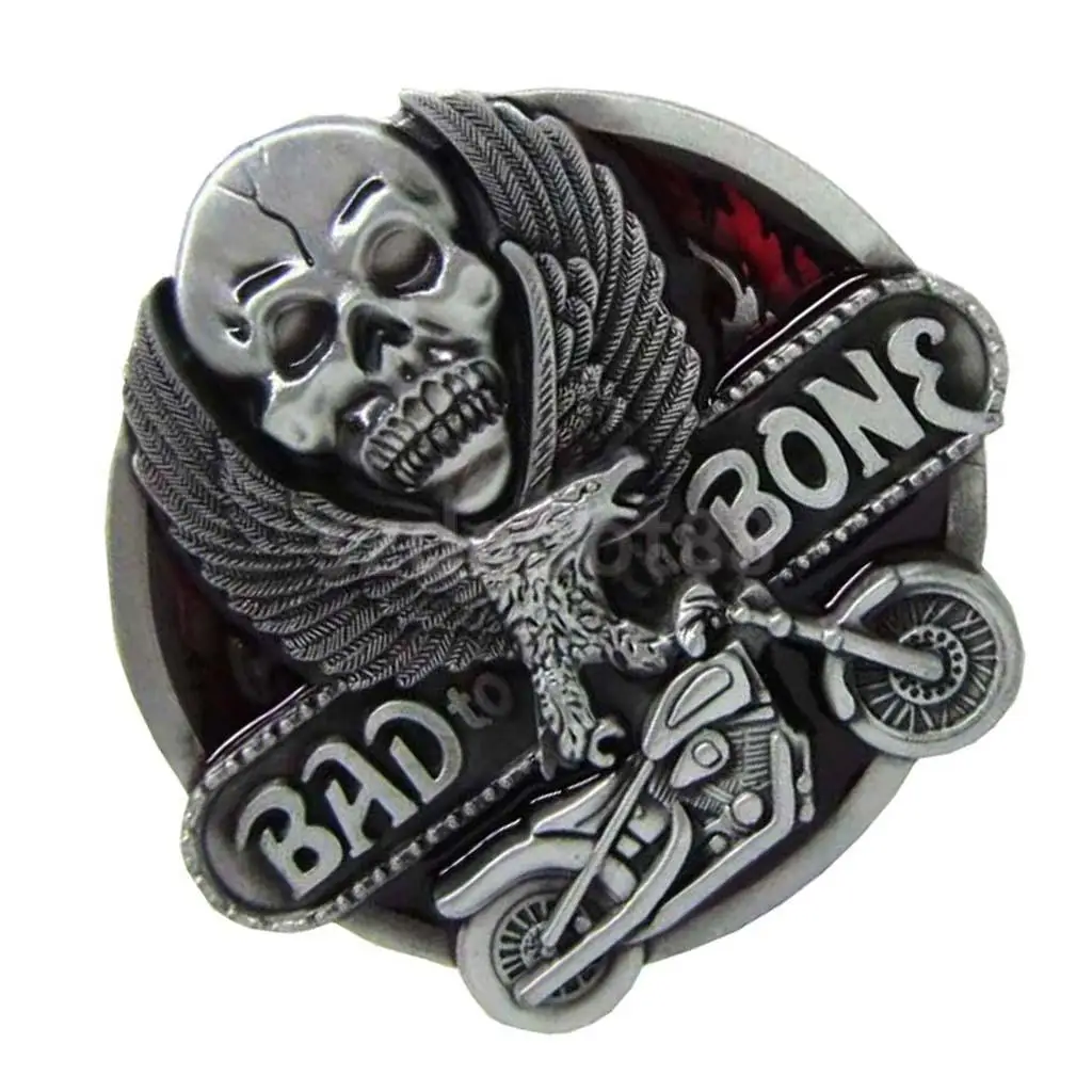 'Bad to the Bone' Skull Flying Eagel Motorcycle Metal Belt Buckle Western Cowboy