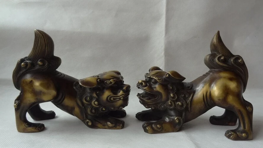 

song voge gem S2356 Chinese Bronze Collect Buddhist FengShui Foo Fu Dog Lion PiXiu Statue Set Pair