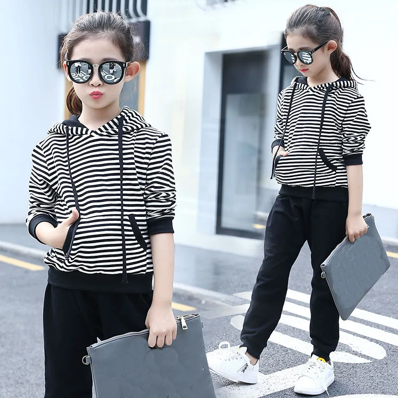 

hooded girls tracksuit autumn spring 2018 striped girls tops sports suit children clothing set kids pants 2 pcs set for girls