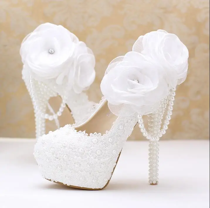2016 new fashion white pearl lace flowers high heel Women shoes bridal