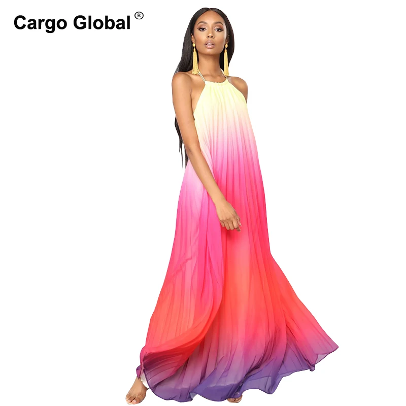 

2019 Summer New design Gradient printing Women Casual Long Dresses Lady Beach Halter Chiffon Dress