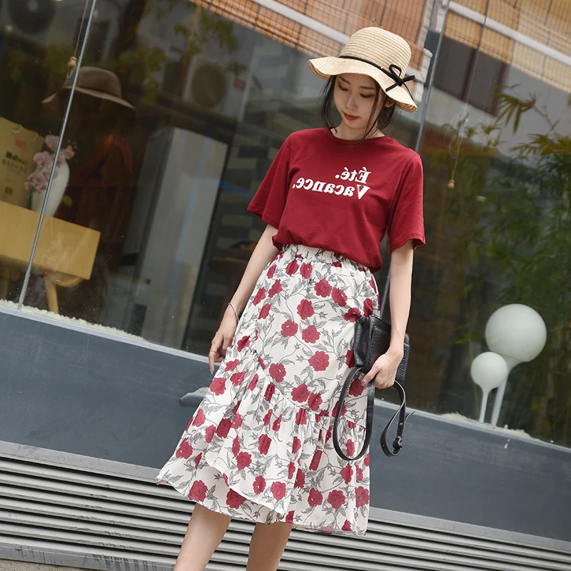 

CBAFU summer 2 piece set loose t shirt flounced floral chiffon skirts suit women's set elastic waist casual female set P095