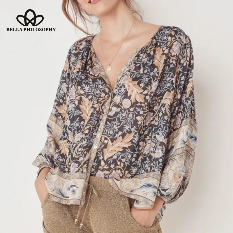 

Bella Philosophy Bohemian Long Flare Sleeve Blouse Single Breasted Female Sweet Blouse Casual Print Floral Lady Blouse Top 2019