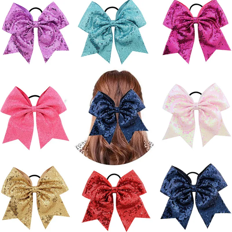 

New 8 Inch Sequin Cheer Bow Elastic Hair Bands Ponytail Holder Hair Ties Women Kids Rubber Band Handmade Girls Hair Accessories