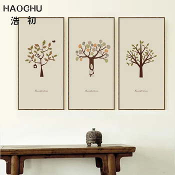 

HAOCHU Triptych Nordic Fresh Tree Flower Canvas Painting Long Abstract Forest Wall Pictures Pastoral Living Room Decor Cuadros