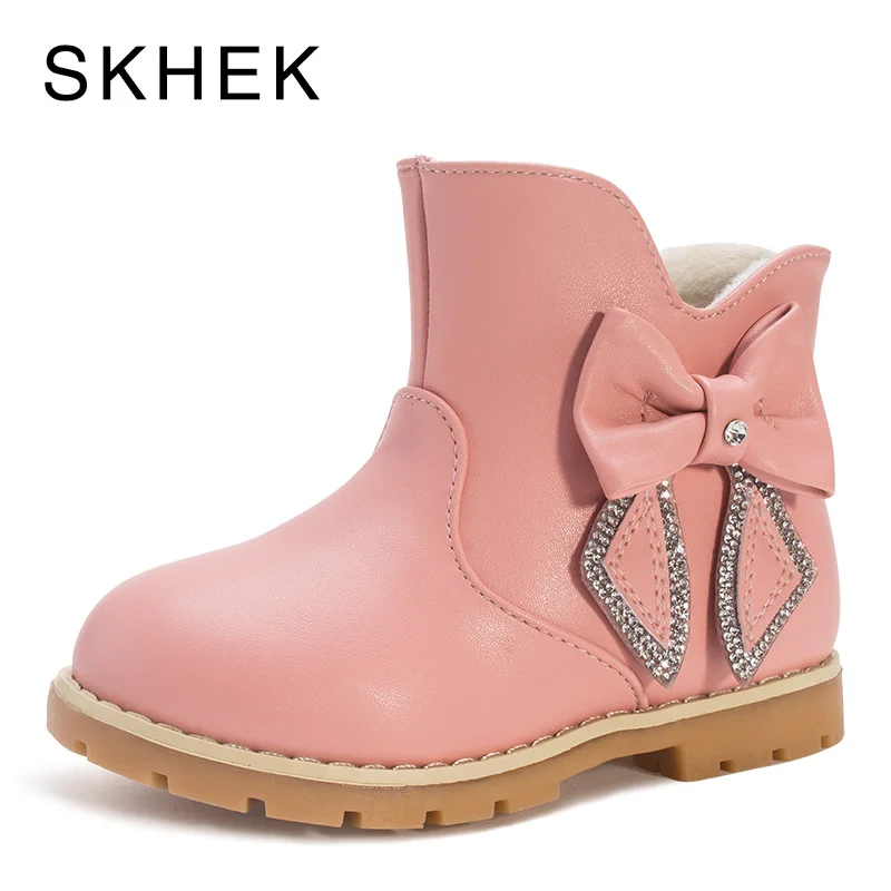 SKHEK на зиму; зимняя обувь для девочки; детская зимняя детская обувь для девочек; кожаная обувь на нескользящей подошве; теплые модные ботинки G3356 - Цвет: Pink
