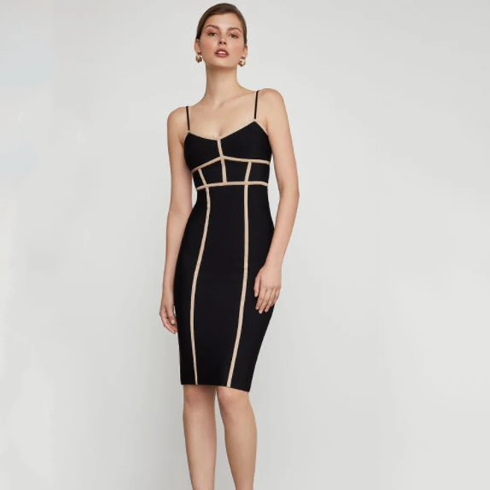 

2019 New Fashion Spaghetti Strap Adjustable V Neck Elegant Bandage Dress Knee Length Sheath Sexy Women Party Clubwear Chic Black