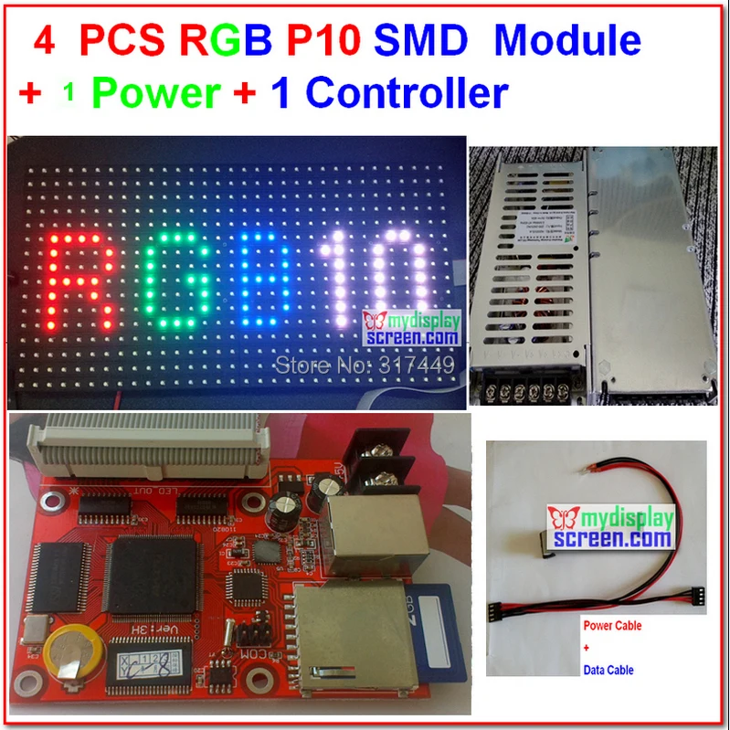 4 шт. P10 модуль полноцветный для помещений+ 1 шт. полный цвет Асинхронный карты+ 1 шт. блок питания+ все кабели, 4 шт. p10 с компонентным видиосигналом, для помещения наборы