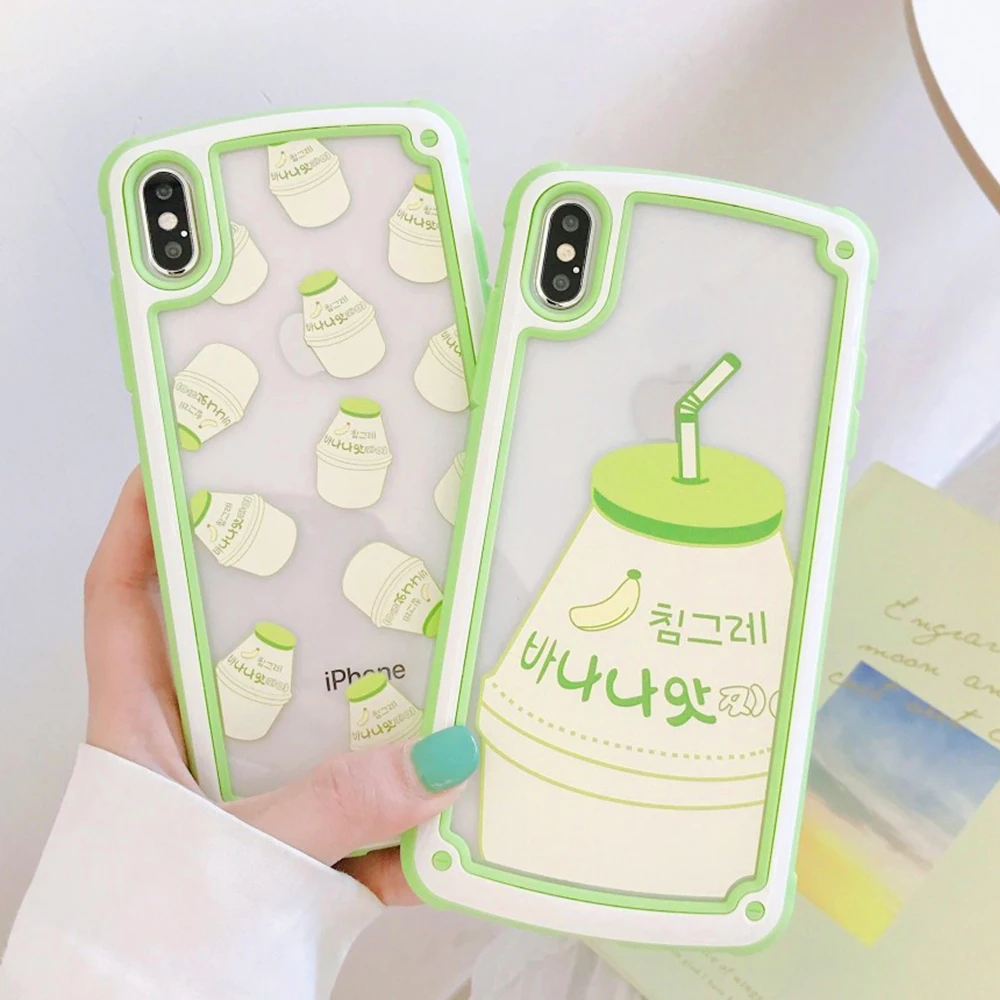

Transparent Hard Capa For iPhone7 6S X 7Plus XS 8 XR 8Plus 6Plus XS MAX Summer Pink Green Banana Milk Pattern Acrylic Phone Case