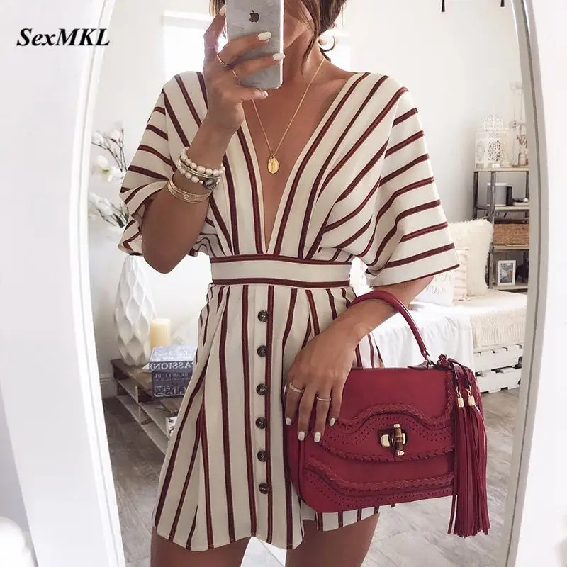 

SEXMKL 2019 Women Vacation Bohemian Beach Striped Button Dress Sexy Deep V Neck Loose Dresses Summer Women Vintage Casual Dress