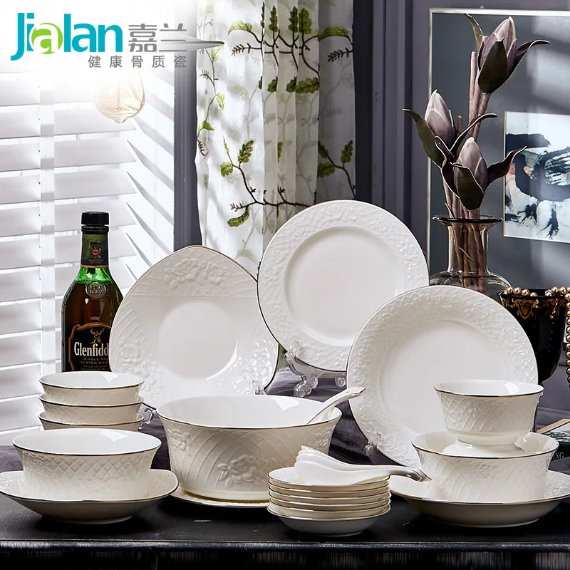 Garland dishes 28 head bone china tableware suit domestic European simple platinum gold embossed | Дом и сад
