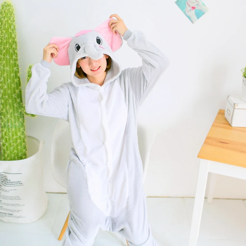 Для взрослых кигуруми Onesie аниме женский костюм слон Хэллоуин косплей мультфильм животных пижамы зимние теплые фланелевые пижамы с капюшоном