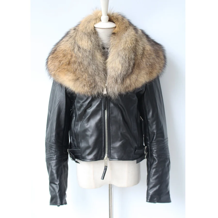 genuine sheepskin leather jacket with real big raccoon fur collar (1)
