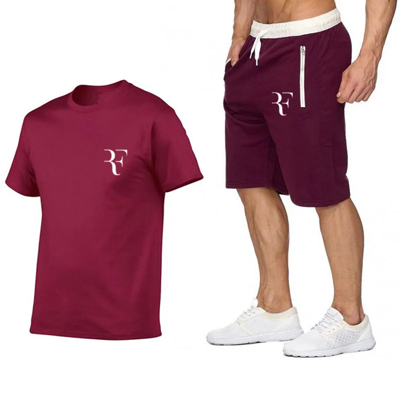 Новое поступление, повседневные мужские футболки, мужские футболки Роджер Федерер с идеальным логотипом+ шорты, комплект, модные футболки с графическим принтом на заказ, костюм - Цвет: Wine red