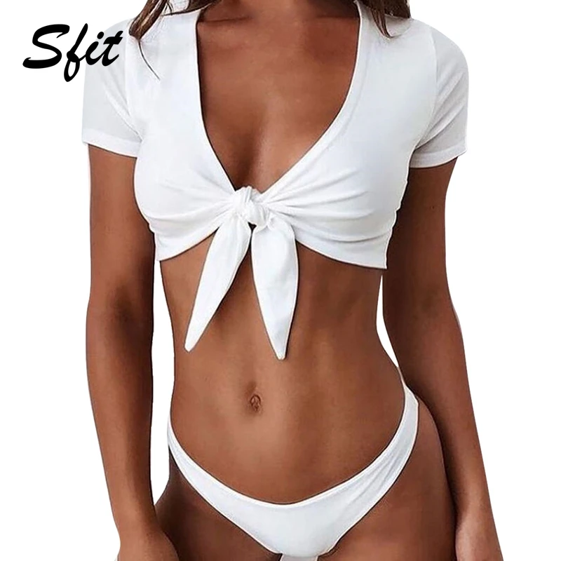 

Sfit Women's Tie Knot Front Push Up Bikini Set V Neck Short Sleeve Solid Color Two Piece Swimsuits Thong Bathing Suit