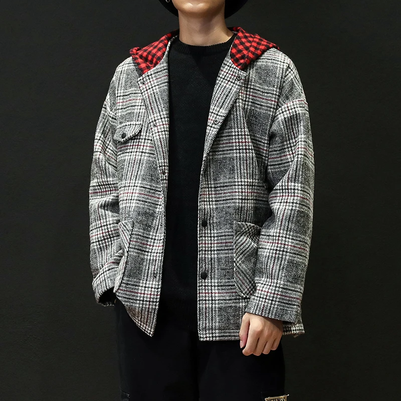 

Men's Hooded Trench 2019 Winter Plaid Design Coat Men Fashion Single Breasted Pea Jacket 4XL 5XL Red Gray Green Overcoats #3083