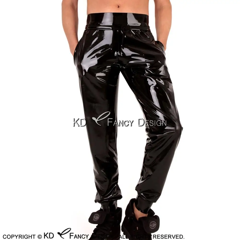 

Black Sexy Latex Pants with Pockets And Lacing At Front Rubber Trousers Bottoms CK-0062