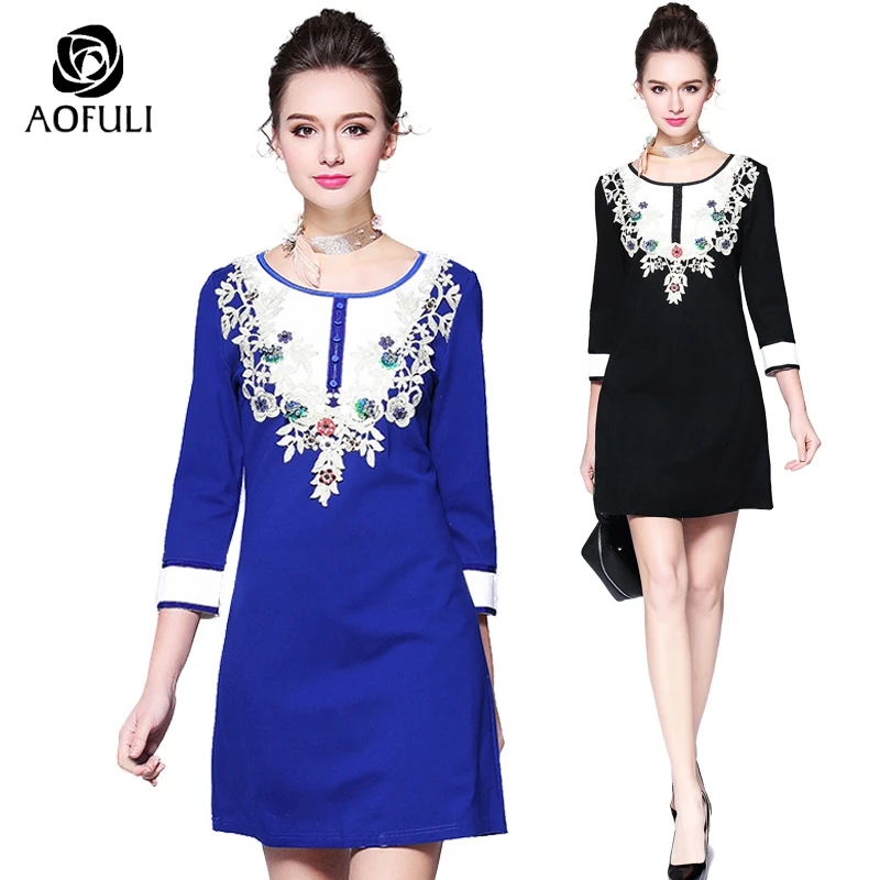 

AOFULI Women Embroidery Dress With 3D Flowers Applique 3/4 Sleeves Short Dress Retro Slim Casual Dress Plus Size 4XL 5XL 2751