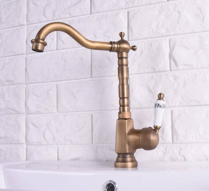 Vintage Retro Antique Brass Single Handle One Hole Bathroom Kitchen Basin Sink Faucet Mixer Tap Swivel Spout Deck Mounted msf114
