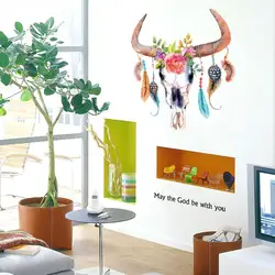 Креативные цветные ручной росписью бык рога украшения из перьев обои гостиной украшения фона