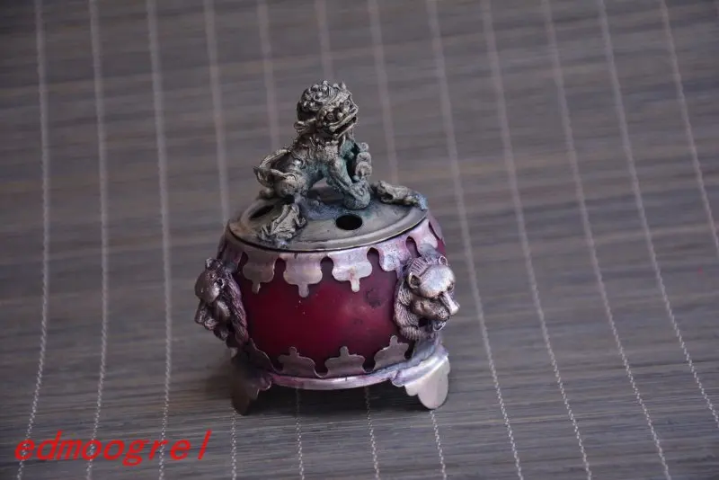 

Collectable old Silver & jade Incense Stove\Censer,lion, red jade,Decoration,Free Shipping
