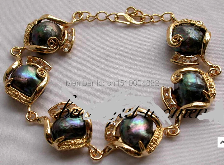 

Free Shipping shitou 004 HUGE 8" 15mm Tahitian black freshwater pearl bracelet