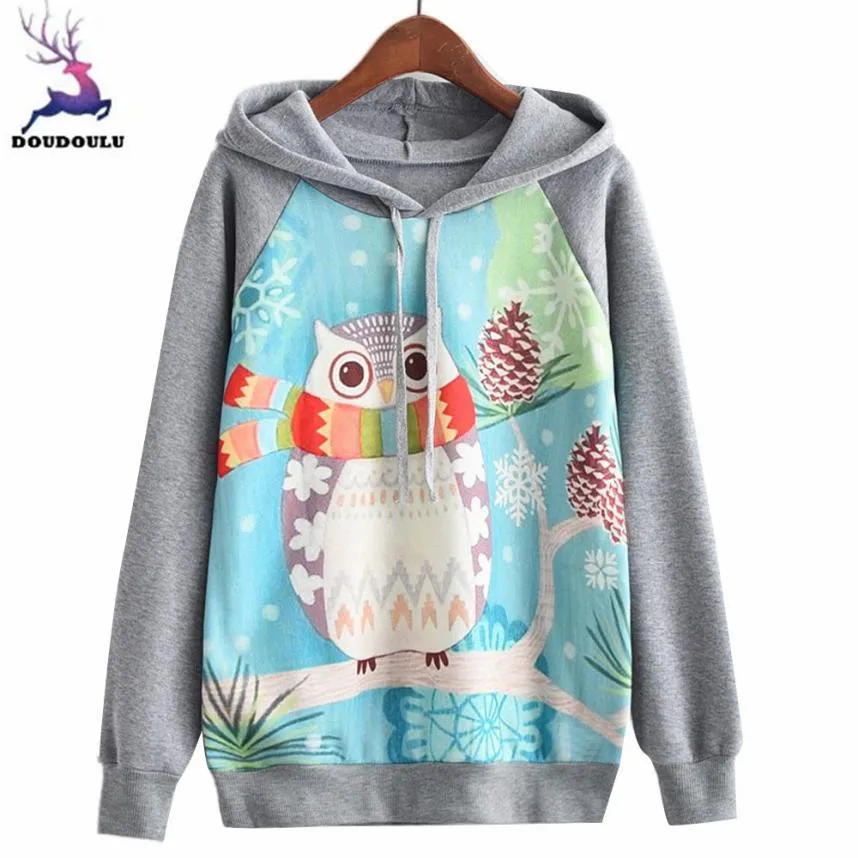 DOUDOULU Owl Womens Hoodie Sweatshirt Long Sleeve Jumper