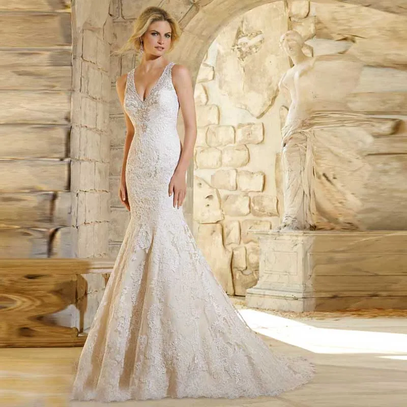 2016 Luxury Sexy Mermaid V-Neck Full Crystals and Pearls Appliques Bridal Gown Wedding Dress Long Key Hole back Vestidos | Свадьбы и
