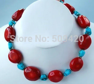 

W&O655 >Natural RED CORAL BEADS AND Small Turquoise Beads NECKLACE #@