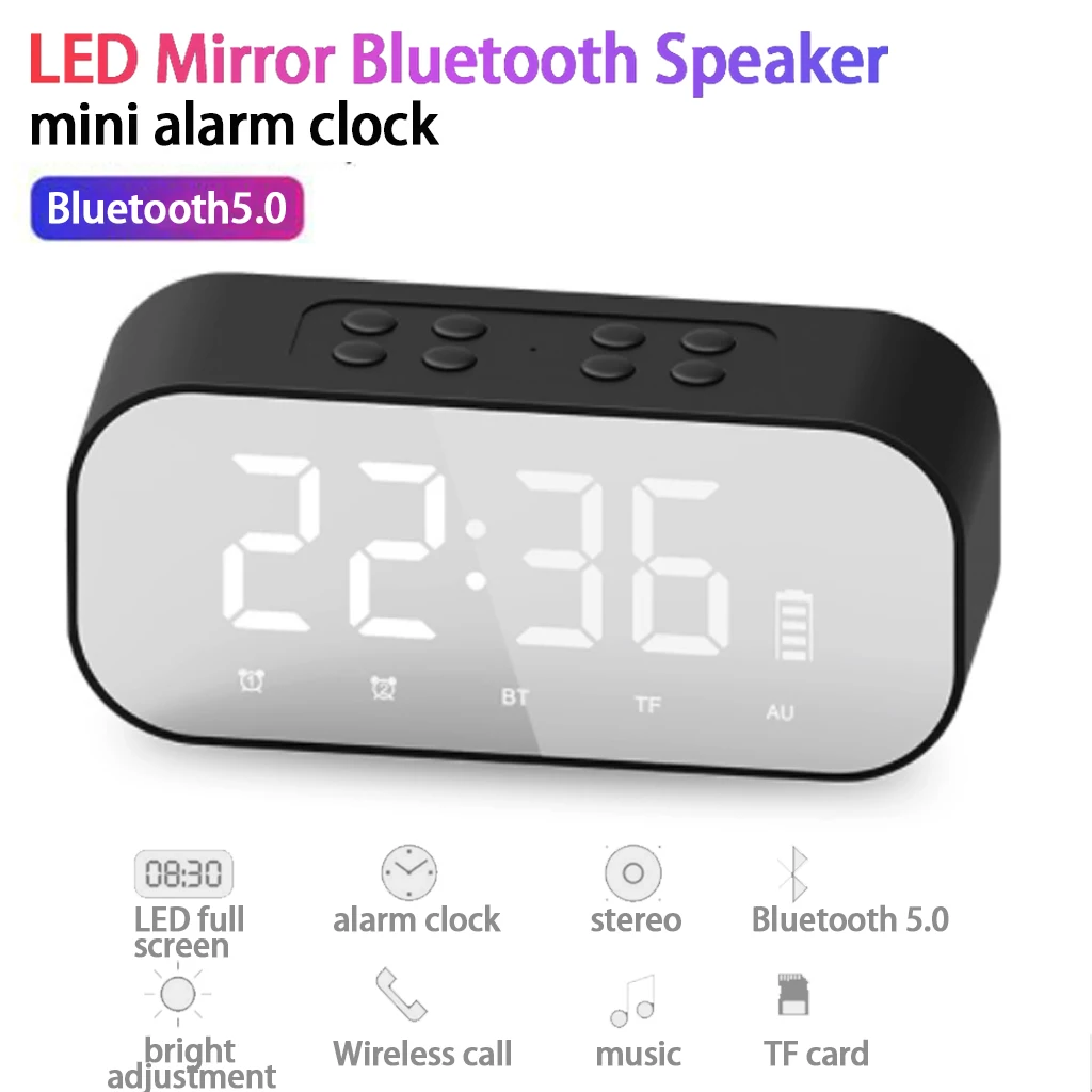 

LED wireless Bluetooth Speaker with Intelligent Alarm Clock Music Sound Box With Mirror Desk Clock AUX TF USB Music Player