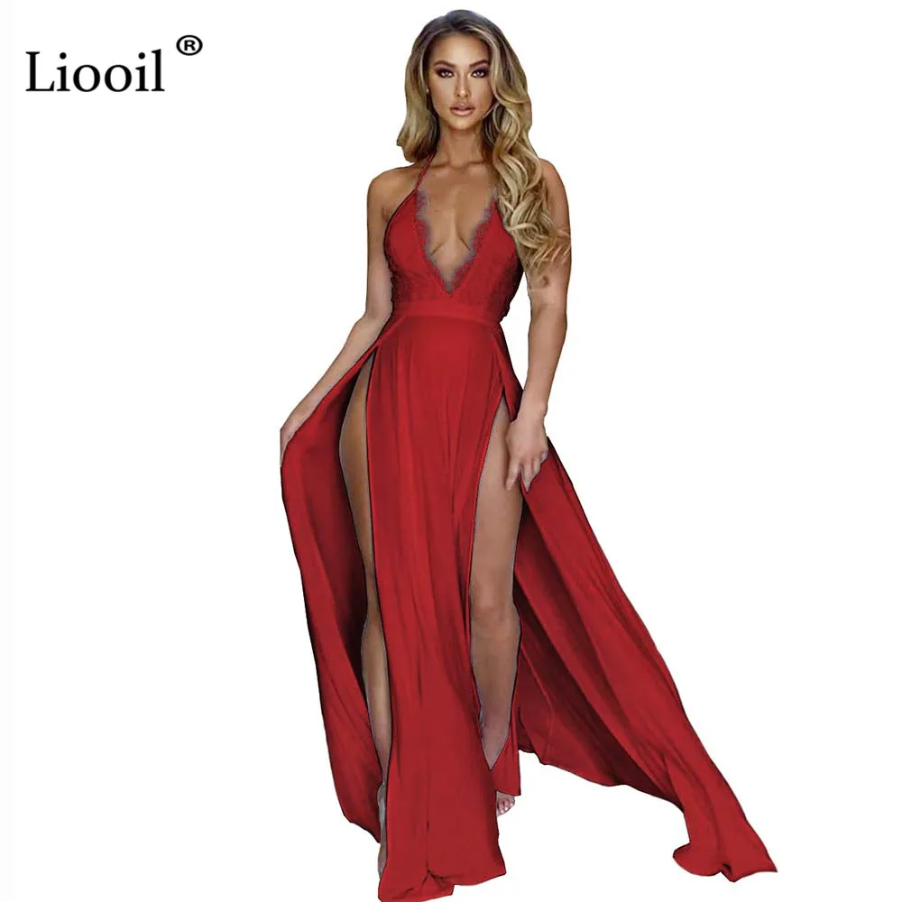 

Liooil White Black Sexy Lace Slit Maxi dress 2019 Summer Clothes For Women Sexy Club Long Dresses Woman party Night Club Outfits