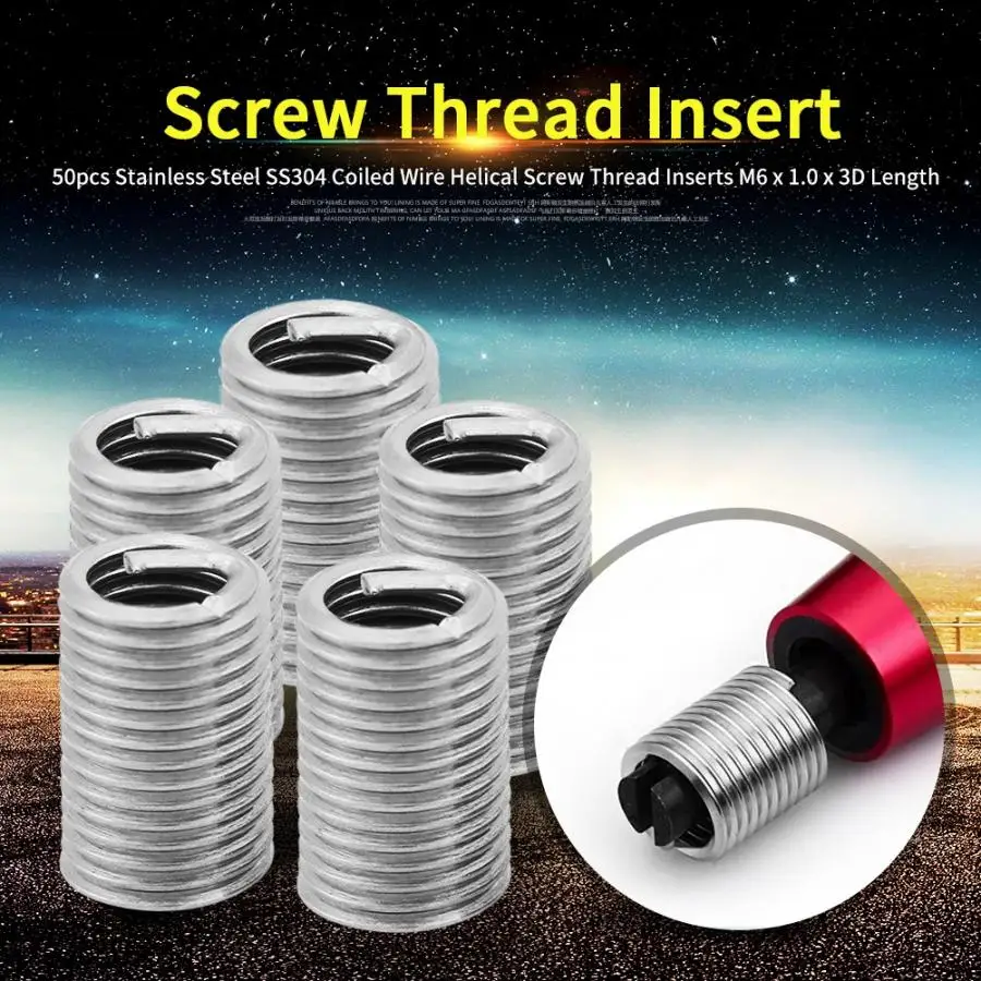 

50Pcs/Lot Thread Repair Insert 304 Stainless Steel Coiled Wire Helical Screw Thread Inserts M6 x 1.0 x 3D Length Assortment Kit