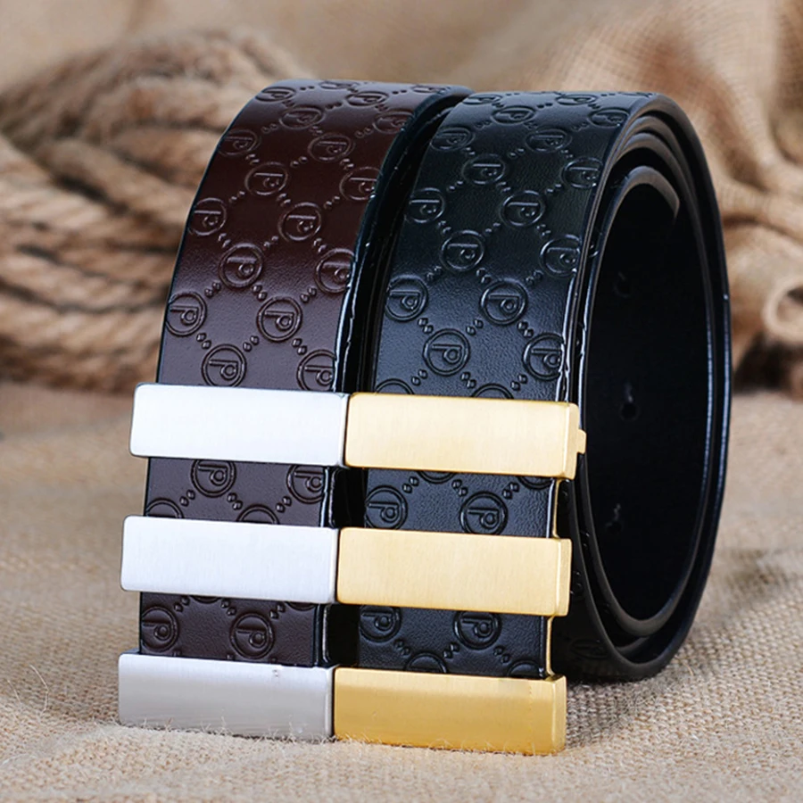 

2019 ciartuar new design quality men belt genuine leather strap trousers first layer brass gold sliver buckle free shipping