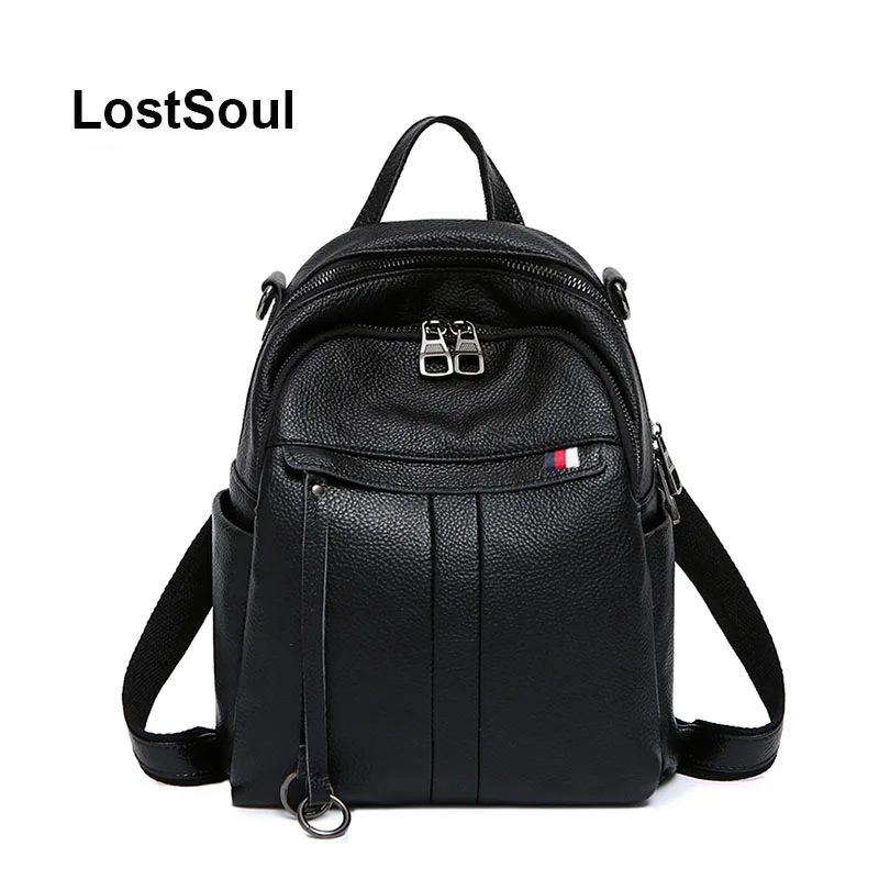 

LostSoul backpack female leather natural bag pack for women genuine leather fashion bag pack for teens black mochila feminina