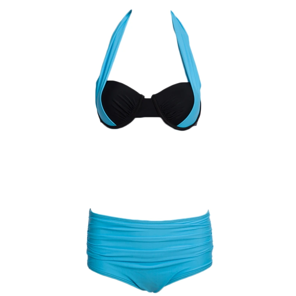 

2017 Women's Swimwear Sexy Halter Block High-blend Color Cotton Women's Waist Two Piece Bikini Set Summer Beach Suit For Women