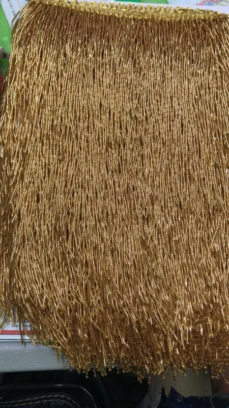 

unique and good selling 30cm tube beads tassel fringe 6yards ZH-91015 in gold for dress decoration