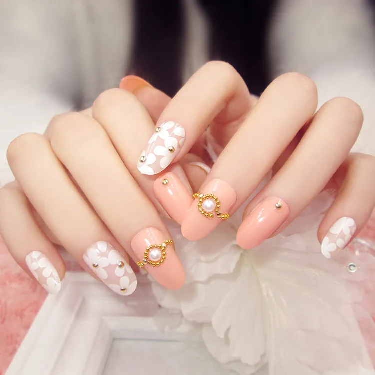 24 шт. акриловые накладные ногти с цветами и жемчугом|fake nails art tips|nail tipsfull cover false |