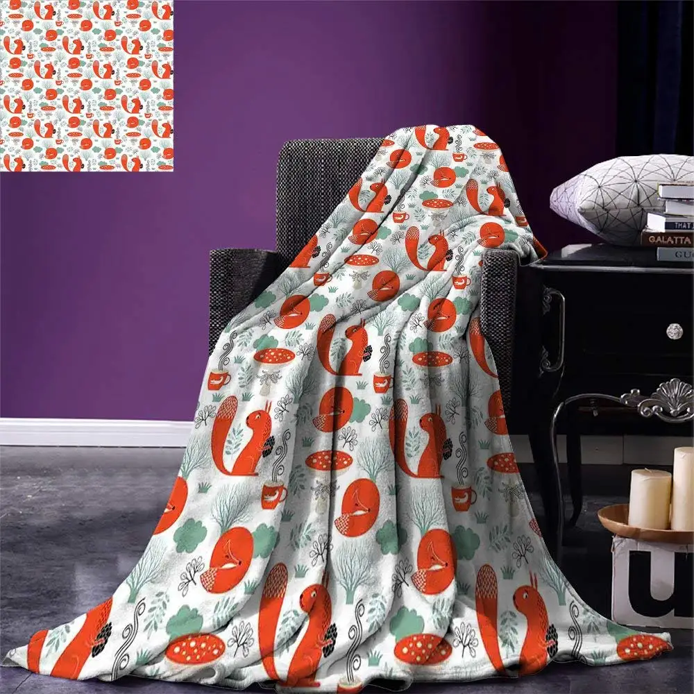 

Fox Throw Blanket Small Forest Animal Pattern with Foliage Leaves and Mushroom Winter Nature Warm Microfiber