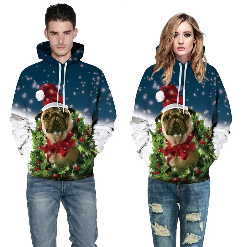 Новое поступление года Рождество Собака Толстовки для пар человек для женщин осень пуловер с капюшоном 3D цифровой печати Толстовка QYDM175
