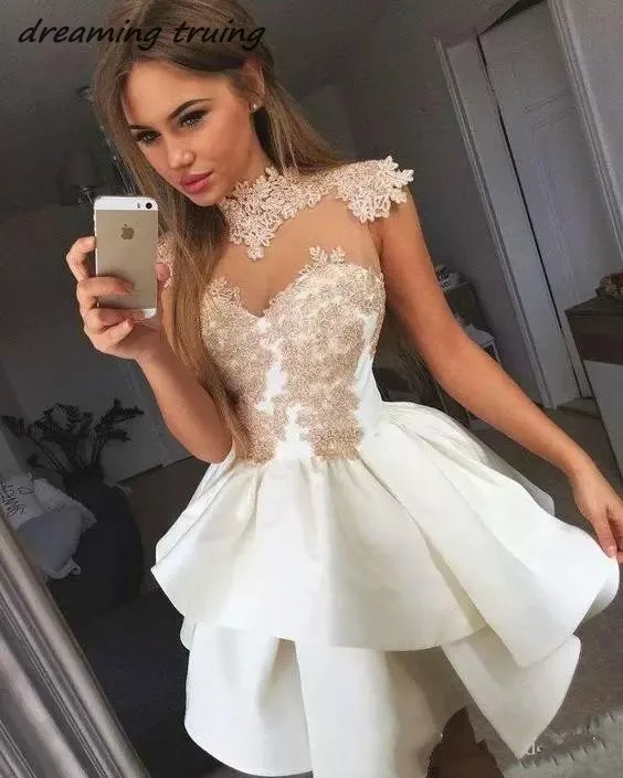 

Homing Dress White Short Mini Cocktail Dresses With Cap Sleeve Appliques See Through Neck Prom Party Gown Vestidos De Gala