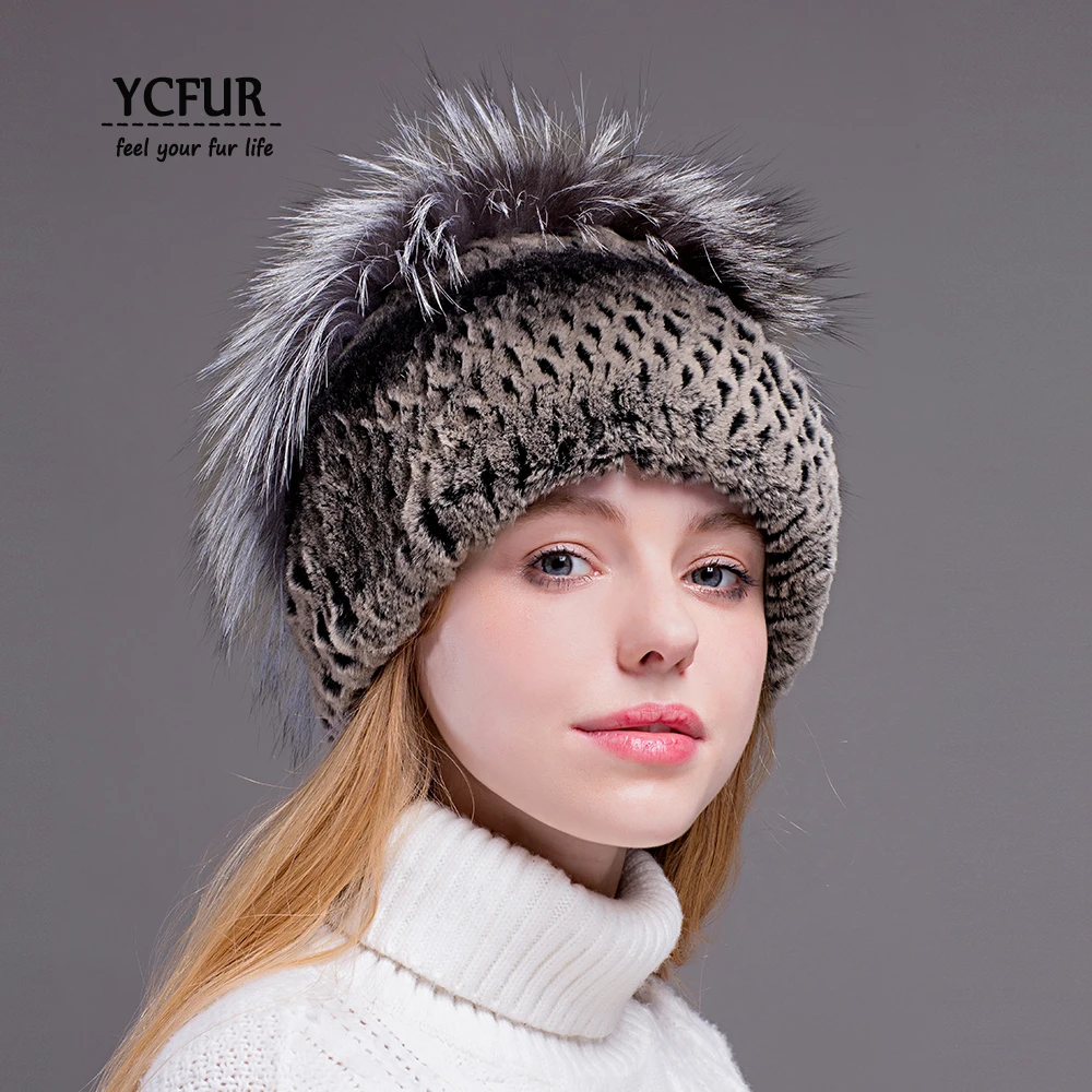 Женские шапки YCFUR зимние ручной работы в полоску женская шапка с помпоном из Меха