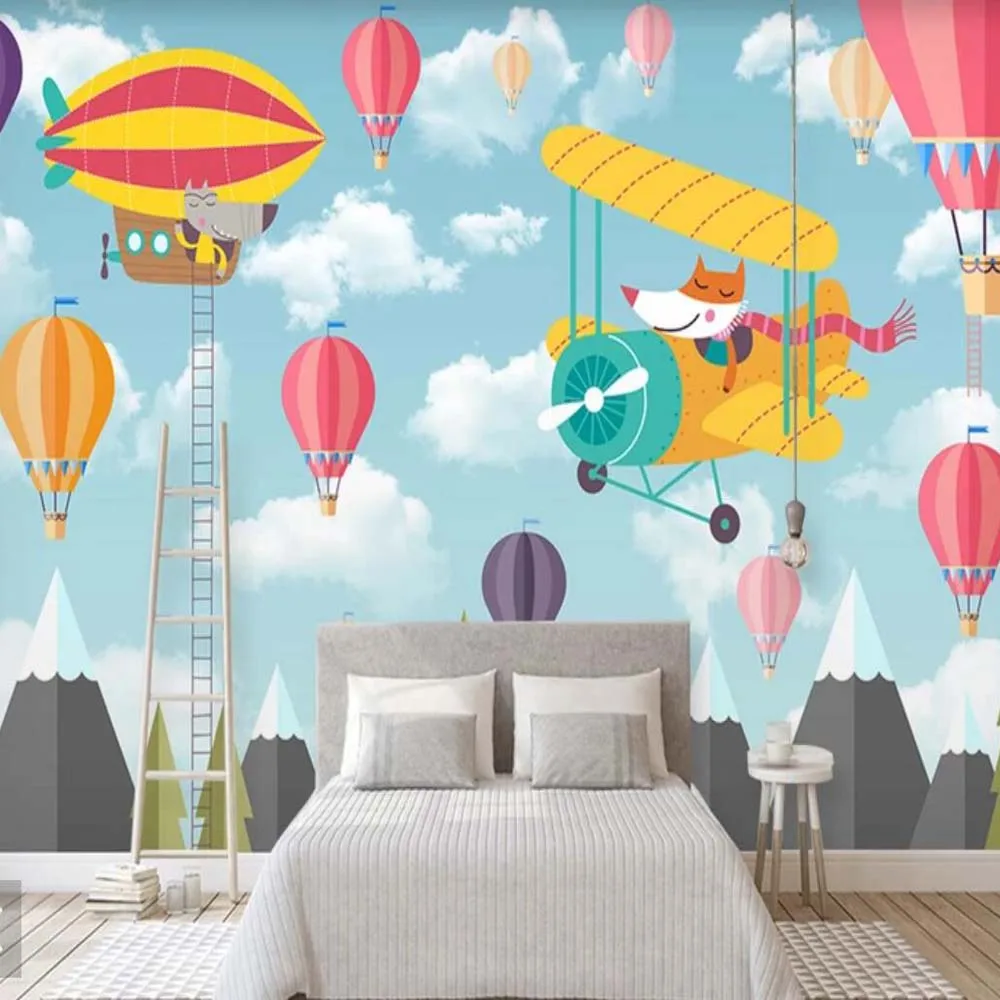 

3D Stereoscopic Carton Aircraft Airplane Hot Air Balloon for Kids Bedroom Children Room Living Murals Photo Wallpaper Rolls